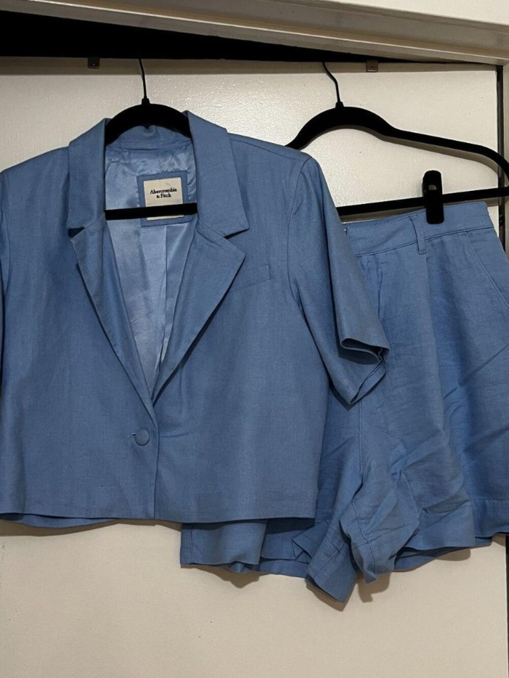 Abercrombie Blue Linen Blend Cropped Blazer & Shorts Matching Set - Size M